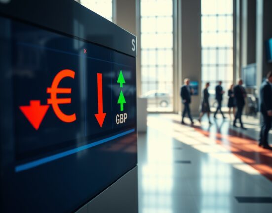 Currency exchange board showing euro falling against British pound in a financial district