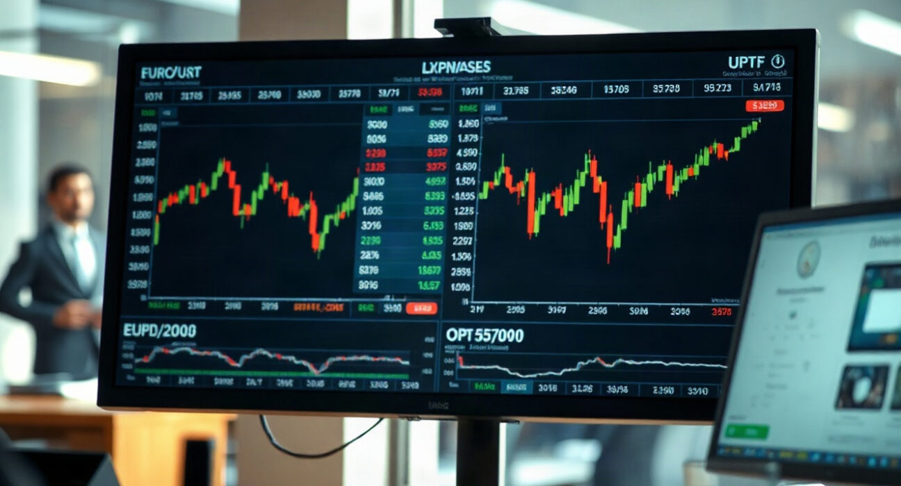 Analyst monitors euro-dollar charts and options data on a trading screen