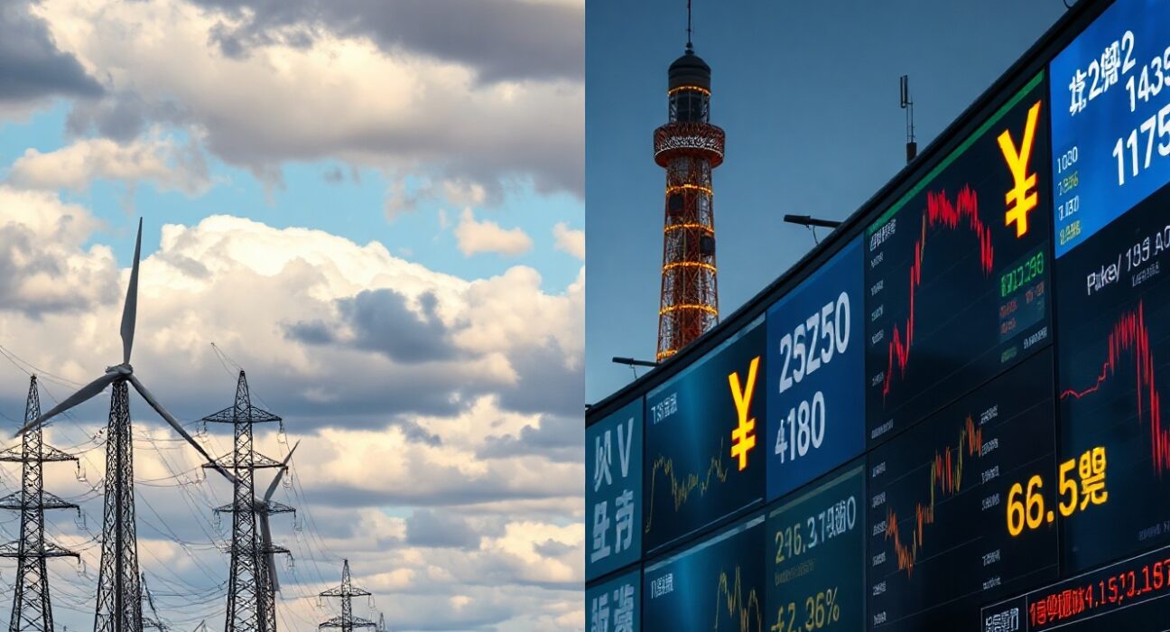 Split scene of European energy infrastructure and Tokyo financial district representing euro and yen market factors