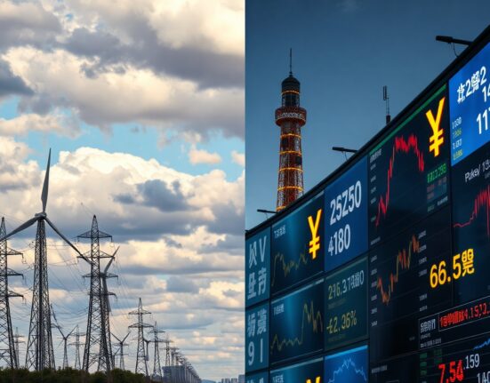 Split scene of European energy infrastructure and Tokyo financial district representing euro and yen market factors