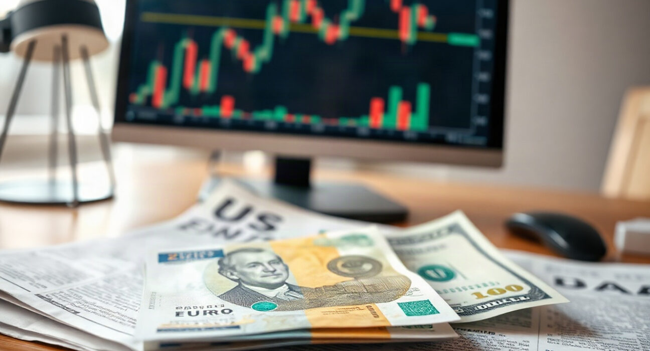 Euro and dollar banknotes on a financial newspaper with a currency chart in the background