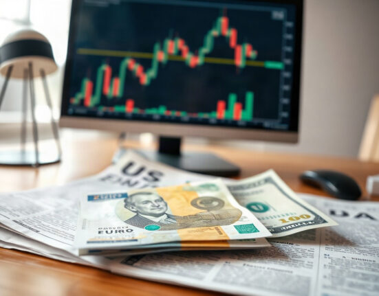 Euro and dollar banknotes on a financial newspaper with a currency chart in the background