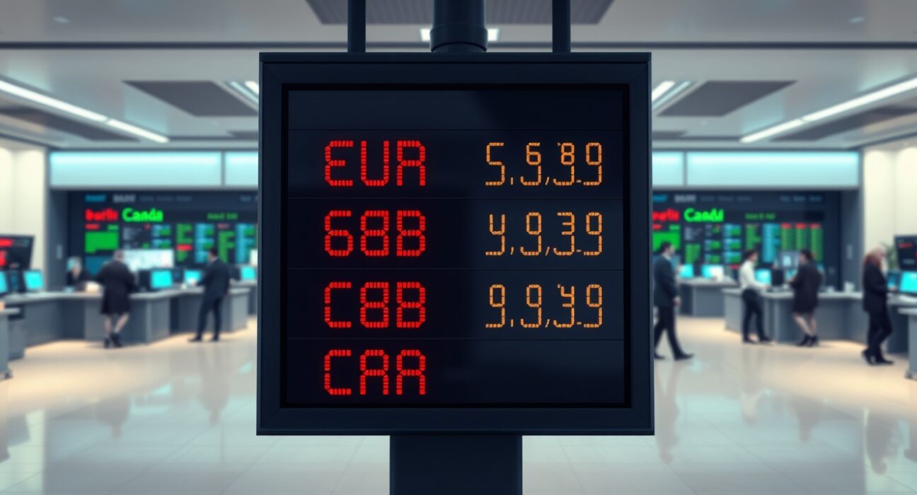 Digital currency exchange board showing EUR, GBP, and CAD rates in a modern financial setting.