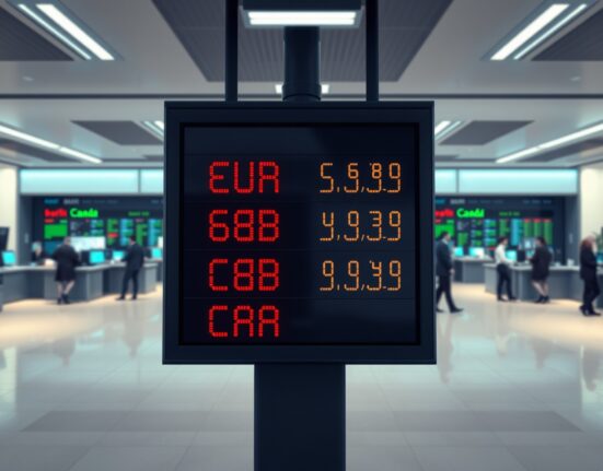 Digital currency exchange board showing EUR, GBP, and CAD rates in a modern financial setting.