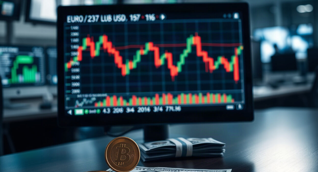 Euro coins and US dollar bills with a EUR/USD chart on a monitor in a financial trading office