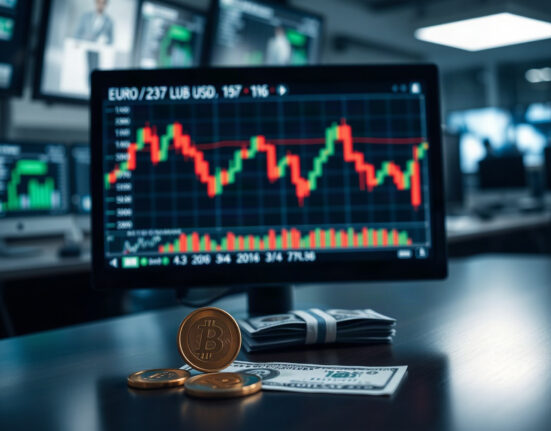 Euro coins and US dollar bills with a EUR/USD chart on a monitor in a financial trading office