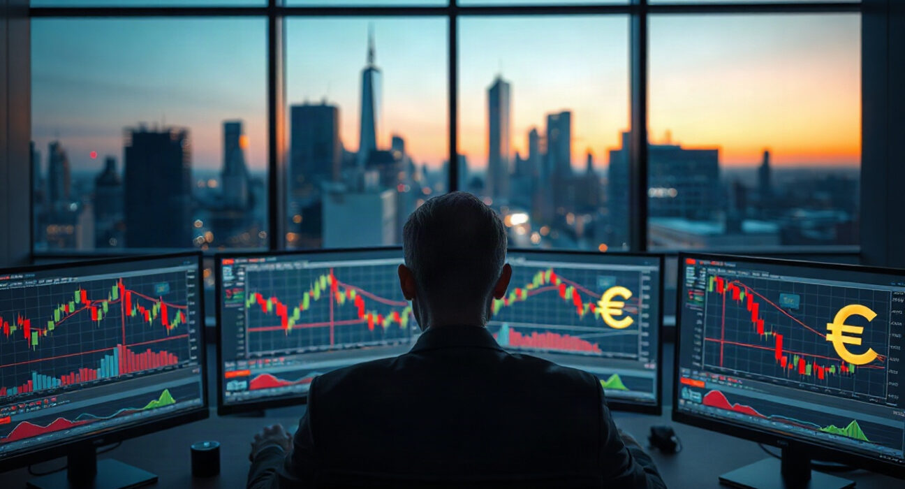 Trading monitors showing EUR/USD chart with euro and dollar symbols, representing currency market analysis.