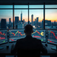 Trading monitors showing EUR/USD chart with euro and dollar symbols, representing currency market analysis.
