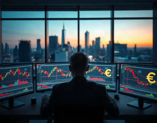 Trading monitors showing EUR/USD chart with euro and dollar symbols, representing currency market analysis.
