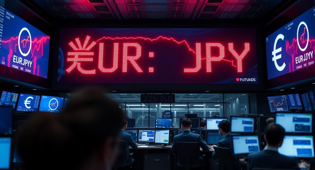 Forex trading board showing EUR/JPY exchange rate drop amid suspected Japanese intervention