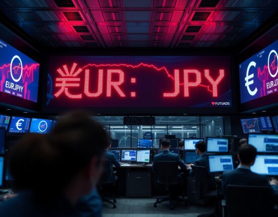 Forex trading board showing EUR/JPY exchange rate drop amid suspected Japanese intervention