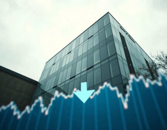European Central Bank building in Frankfurt under overcast sky with financial chart overlay
