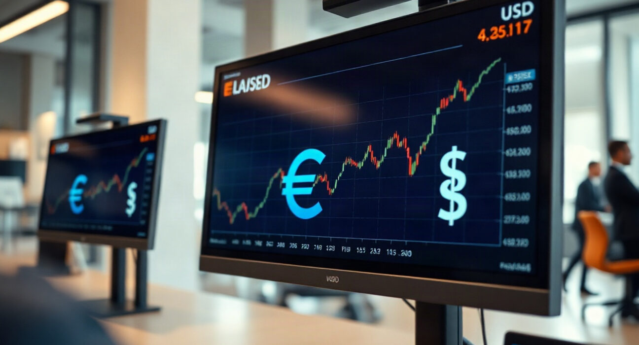 Euro and US dollar symbols on a financial chart with an upward trend line