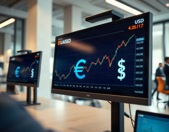 Euro and US dollar symbols on a financial chart with an upward trend line