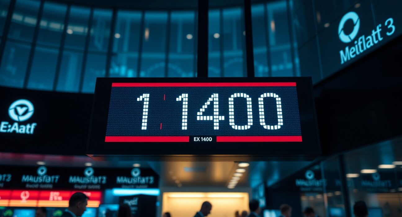 EUR/USD exchange rate board showing 1.1400 on a trading floor