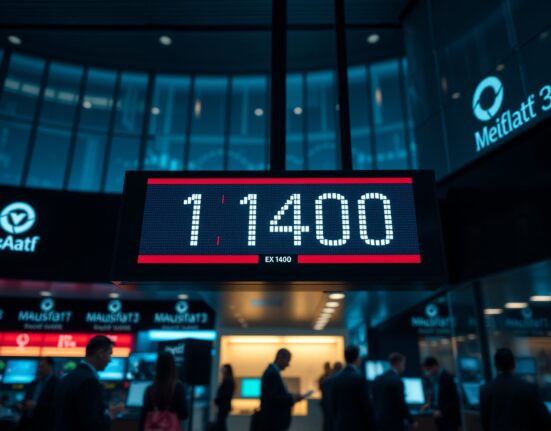 EUR/USD exchange rate board showing 1.1400 on a trading floor