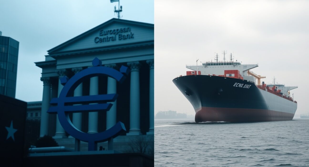 Split image showing European Central Bank building and oil tanker in Strait of Hormuz under overcast sky.