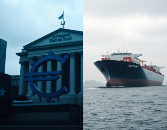 Split image showing European Central Bank building and oil tanker in Strait of Hormuz under overcast sky.