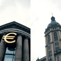 European Central Bank and Bank of England buildings representing euro and pound currency divergence