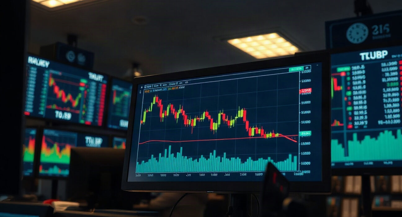 EUR/GBP currency trading chart showing a downward trend on a monitor in a financial trading room.