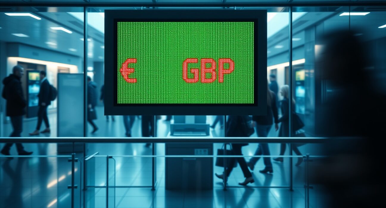 Digital currency exchange board showing EUR/GBP rate in a modern financial district