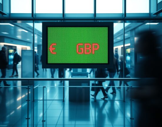 Digital currency exchange board showing EUR/GBP rate in a modern financial district