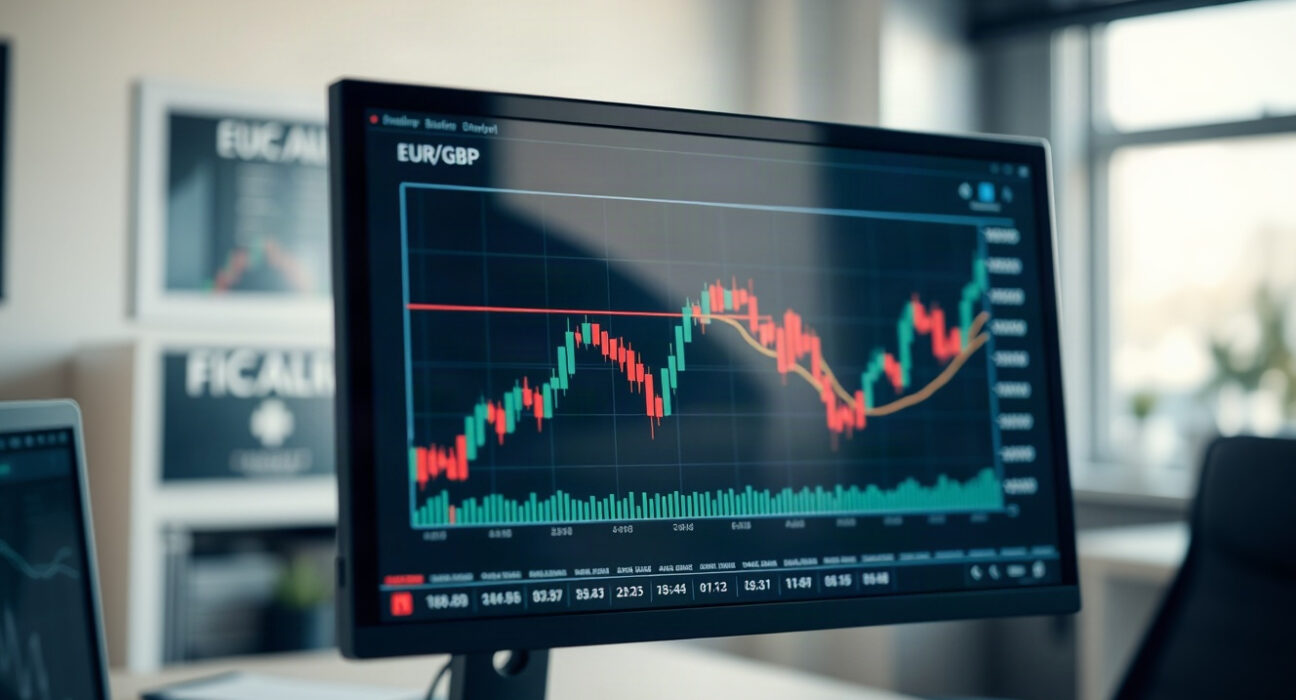 EUR/GBP currency pair chart on a trading screen in a modern office