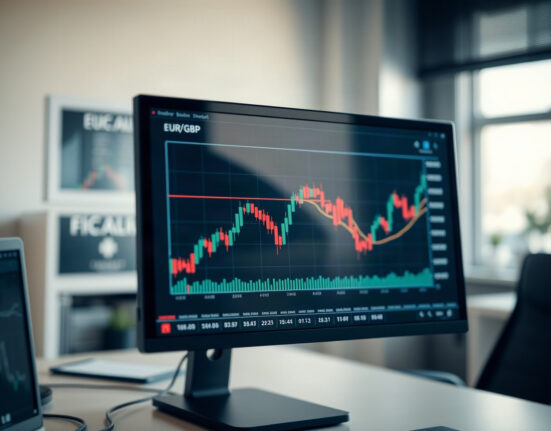 EUR/GBP currency pair chart on a trading screen in a modern office