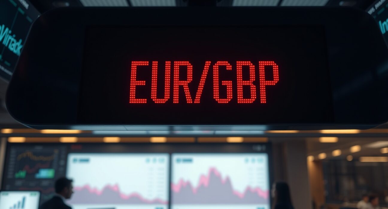 EUR/GBP exchange rate displayed on a trading screen in a financial news studio