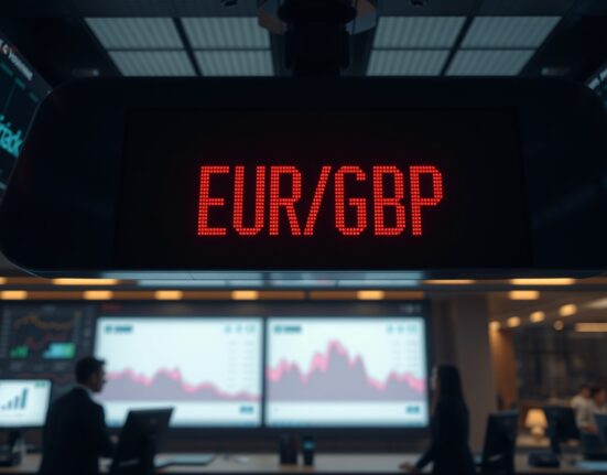 EUR/GBP exchange rate displayed on a trading screen in a financial news studio
