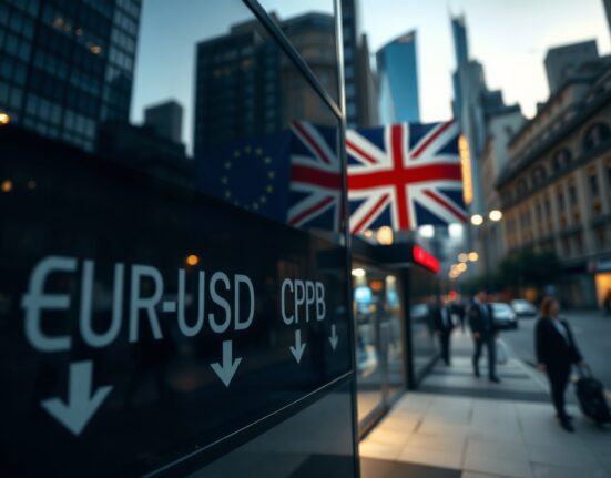 Currency exchange board showing falling euro and pound rates against the dollar in a financial district