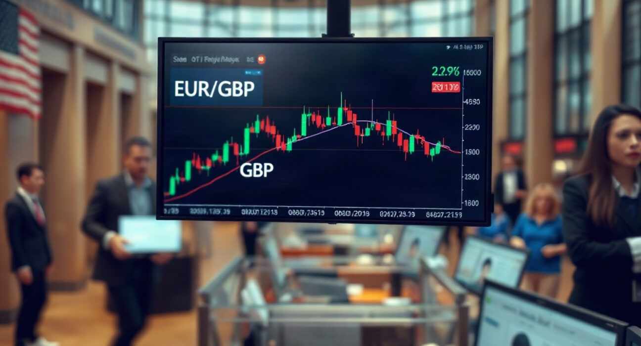 EUR/GBP exchange rate chart on a trading screen with a downward trend, reflecting the euro's failure to hold gains.