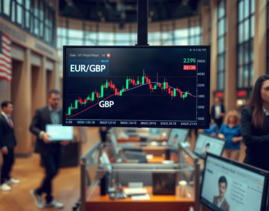 EUR/GBP exchange rate chart on a trading screen with a downward trend, reflecting the euro's failure to hold gains.