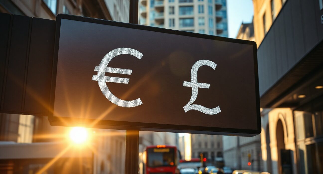 Euro and British Pound currency symbols on an electronic board in a financial district