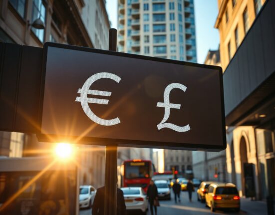 Euro and British Pound currency symbols on an electronic board in a financial district