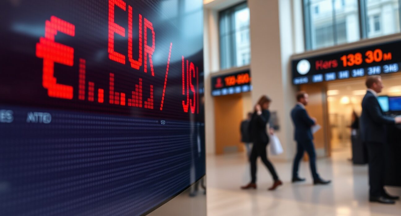 EUR/USD exchange rate board showing decline in a European financial district