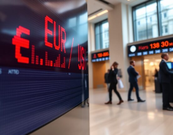 EUR/USD exchange rate board showing decline in a European financial district