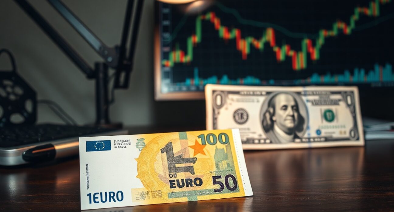 Euro and US dollar banknotes on a desk symbolizing currency market pressure