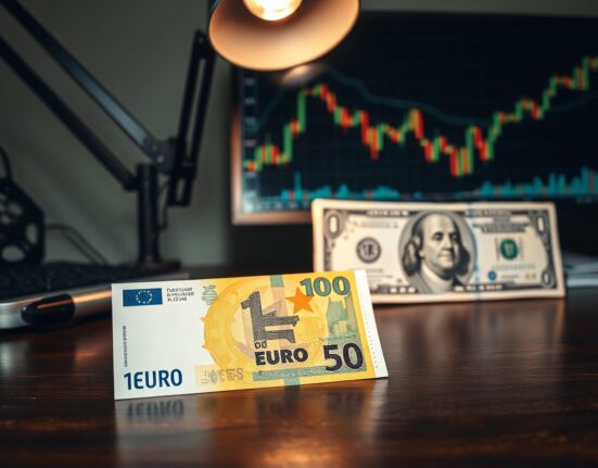 Euro and US dollar banknotes on a desk symbolizing currency market pressure