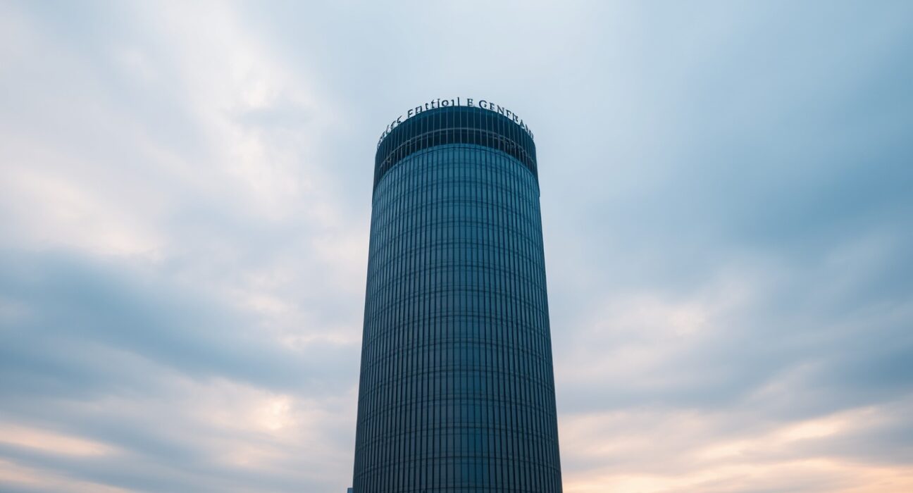 European Central Bank headquarters in Frankfurt on a cloudy day, representing eurozone financial stability.