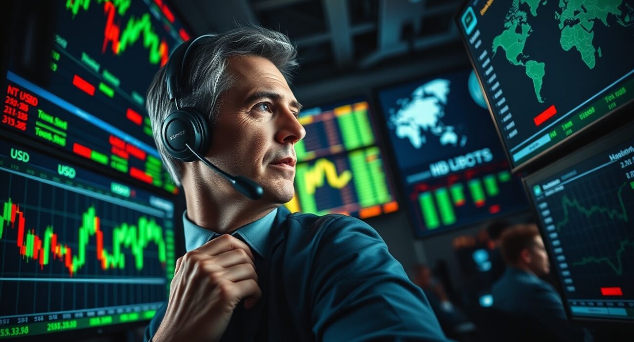 Trader monitoring EUR/USD exchange rate charts on multiple screens in a financial trading floor