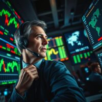 Trader monitoring EUR/USD exchange rate charts on multiple screens in a financial trading floor