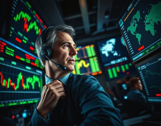 Trader monitoring EUR/USD exchange rate charts on multiple screens in a financial trading floor