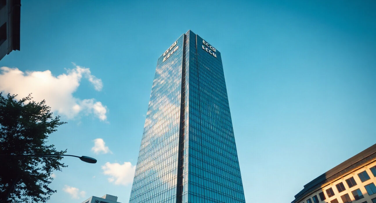 European Central Bank headquarters in Frankfurt, Germany, on a clear day.