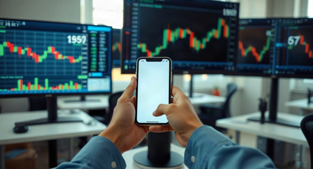 Trading desk with EUR/USD charts on monitors, symbolizing currency market movements.