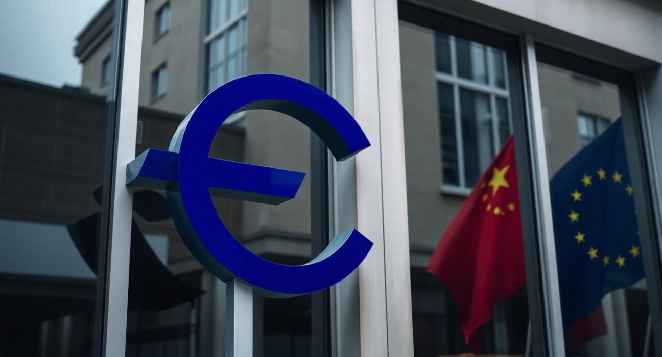 European Central Bank building in Frankfurt with EU and Chinese flag reflections, symbolizing euro sensitivity to trade and political factors
