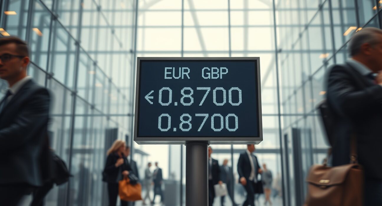EUR/GBP exchange rate board showing 0.8700 in a busy financial district trading floor