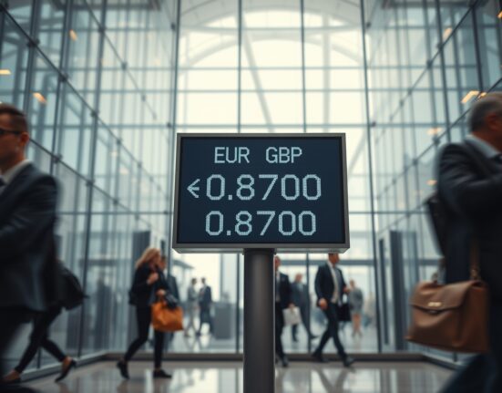 EUR/GBP exchange rate board showing 0.8700 in a busy financial district trading floor