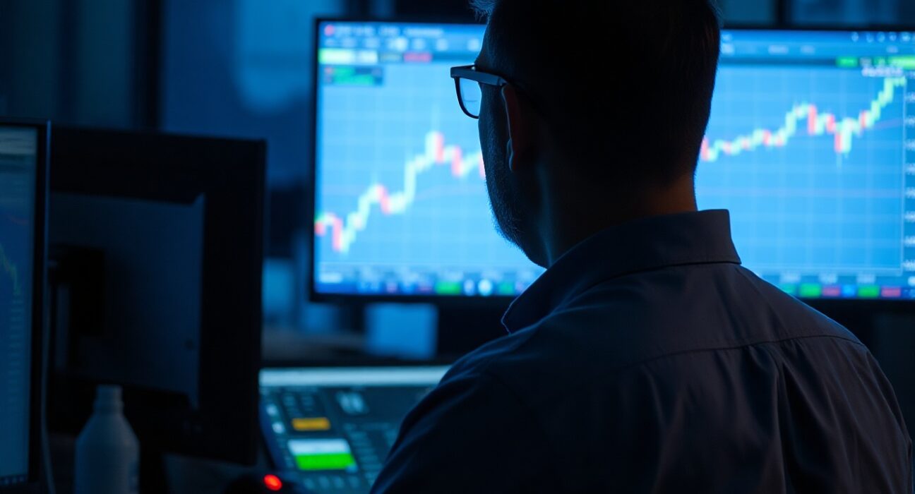 Financial trader monitoring EUR/GBP exchange rate charts after Bank of England rate decision