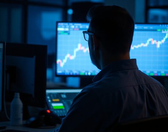 Financial trader monitoring EUR/GBP exchange rate charts after Bank of England rate decision